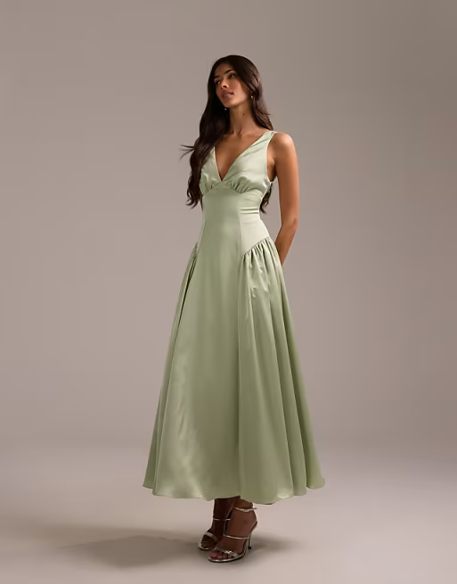 Romantic Deep V-Neck Ruched-Waist Flowy Midi Satin Bridesmaid Dress