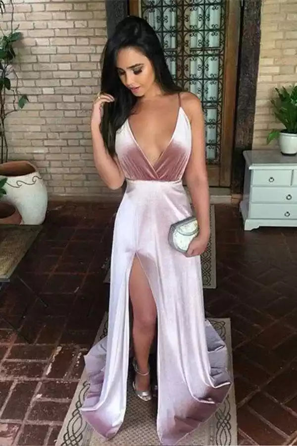 Romantic Dusty Rose Satin A-Line Gown with Plunge V-Neck & Criss-Cross Back