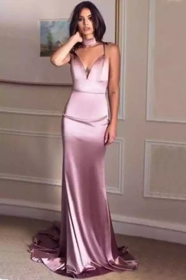 Romantic Dusty Rose Satin Mermaid Gown with Choker V-Neck & Criss-Cross Back