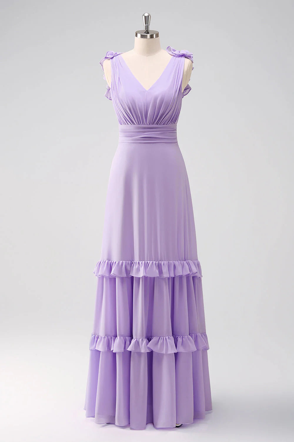 Romantic Elegant Fitted A-Line Sleeveless Back Zipper Floor-Length Tiered Ruffled Evening Dresses