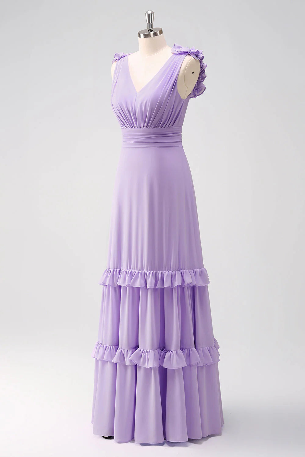 Romantic Elegant Fitted A-Line Sleeveless Back Zipper Floor-Length Tiered Ruffled Evening Dresses