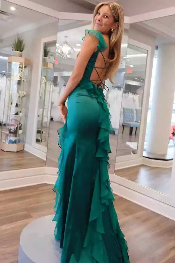 Romantic Emerald Green Satin Mermaid Gown with Ruffle Trim & Lace-Up Back
