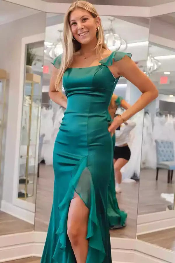 Romantic Emerald Green Satin Mermaid Gown with Ruffle Trim & Lace-Up Back