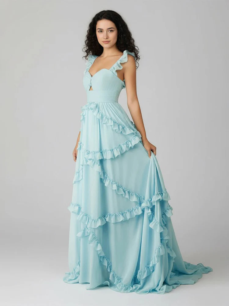 Romantic Fitted A-Line Sweetheart Neck Ruffle Strap Open Back Floor-Length Prom Gown