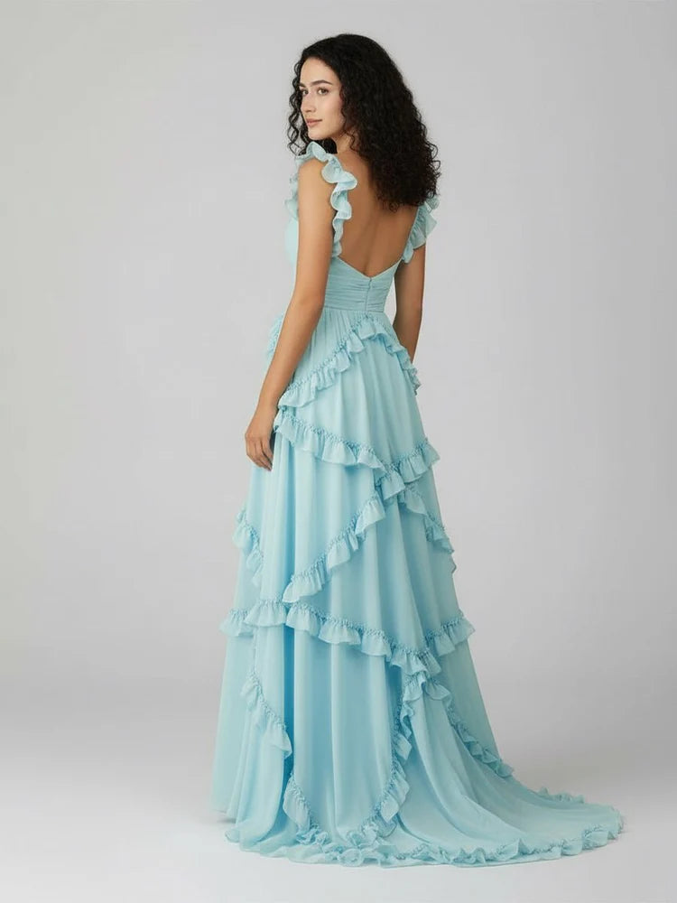 Romantic Fitted A-Line Sweetheart Neck Ruffle Strap Open Back Floor-Length Prom Gown