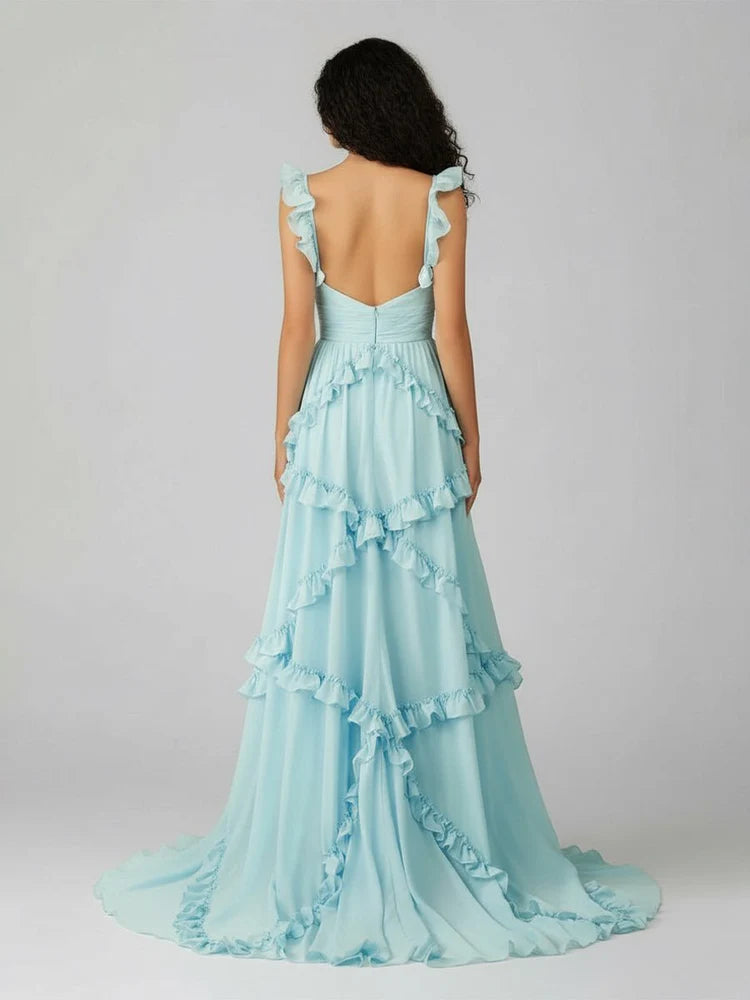 Romantic Fitted A-Line Sweetheart Neck Ruffle Strap Open Back Floor-Length Prom Gown
