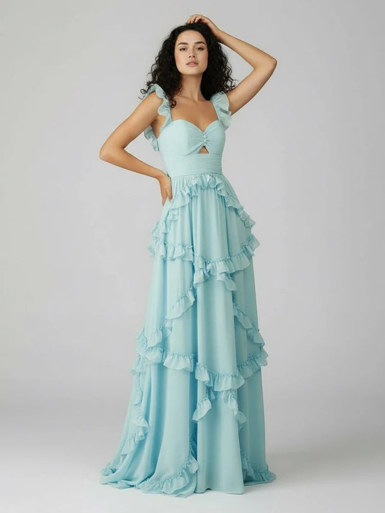 Romantic Fitted A-Line Sweetheart Neck Ruffle Strap Open Back Floor-Length Prom Gown