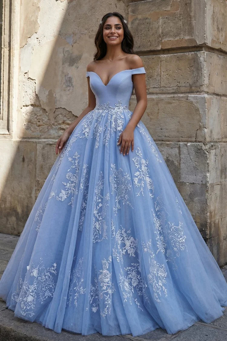 Romantic Fitted Ball Gown Sweetheart Neck Off-The-Shoulder V-Back Floor-Length Prom Gown