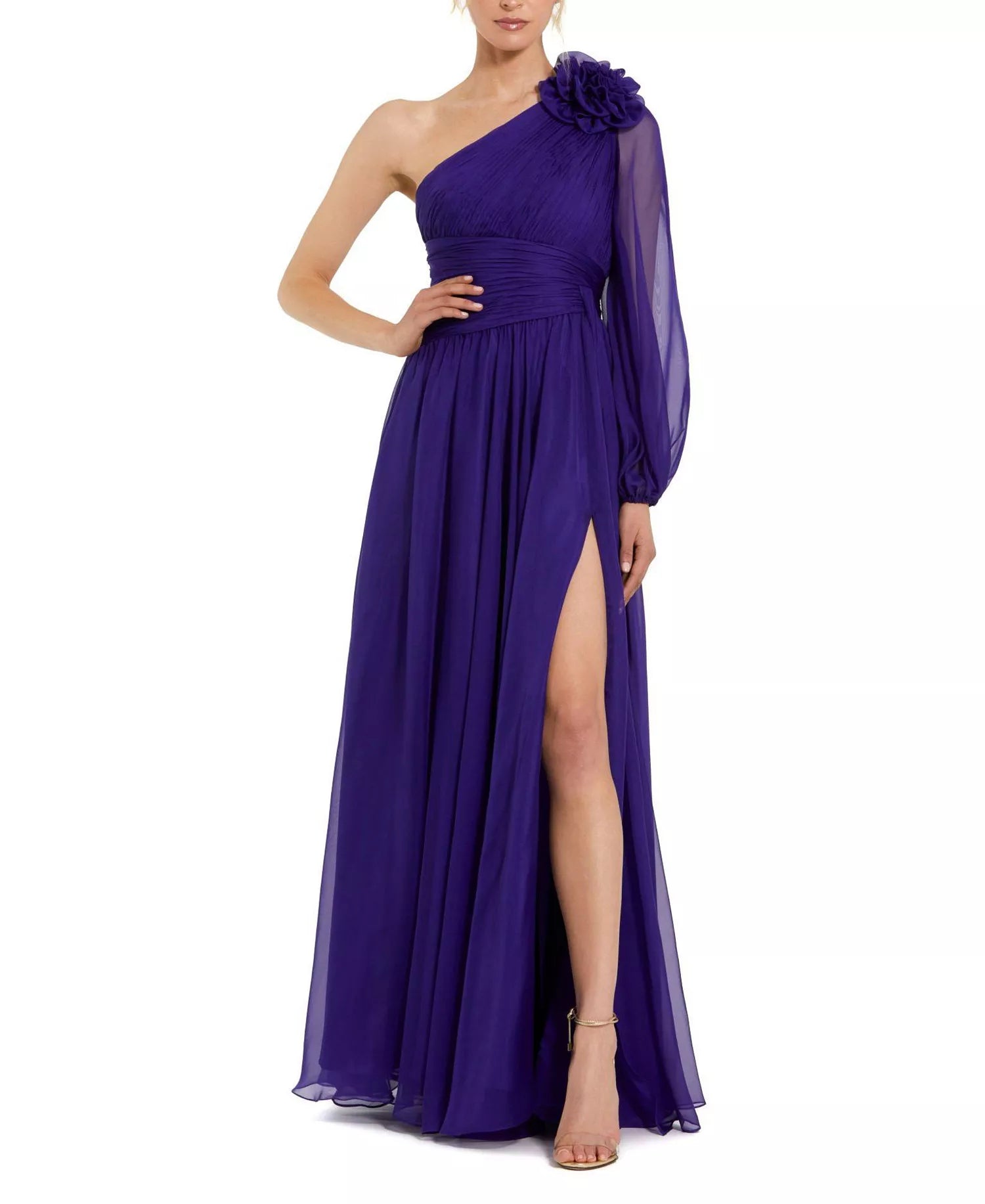 Romantic Flowy A-Line Silhouette One-Shoulder Chiffon Floral Applique Slit Maxi Evening Dress