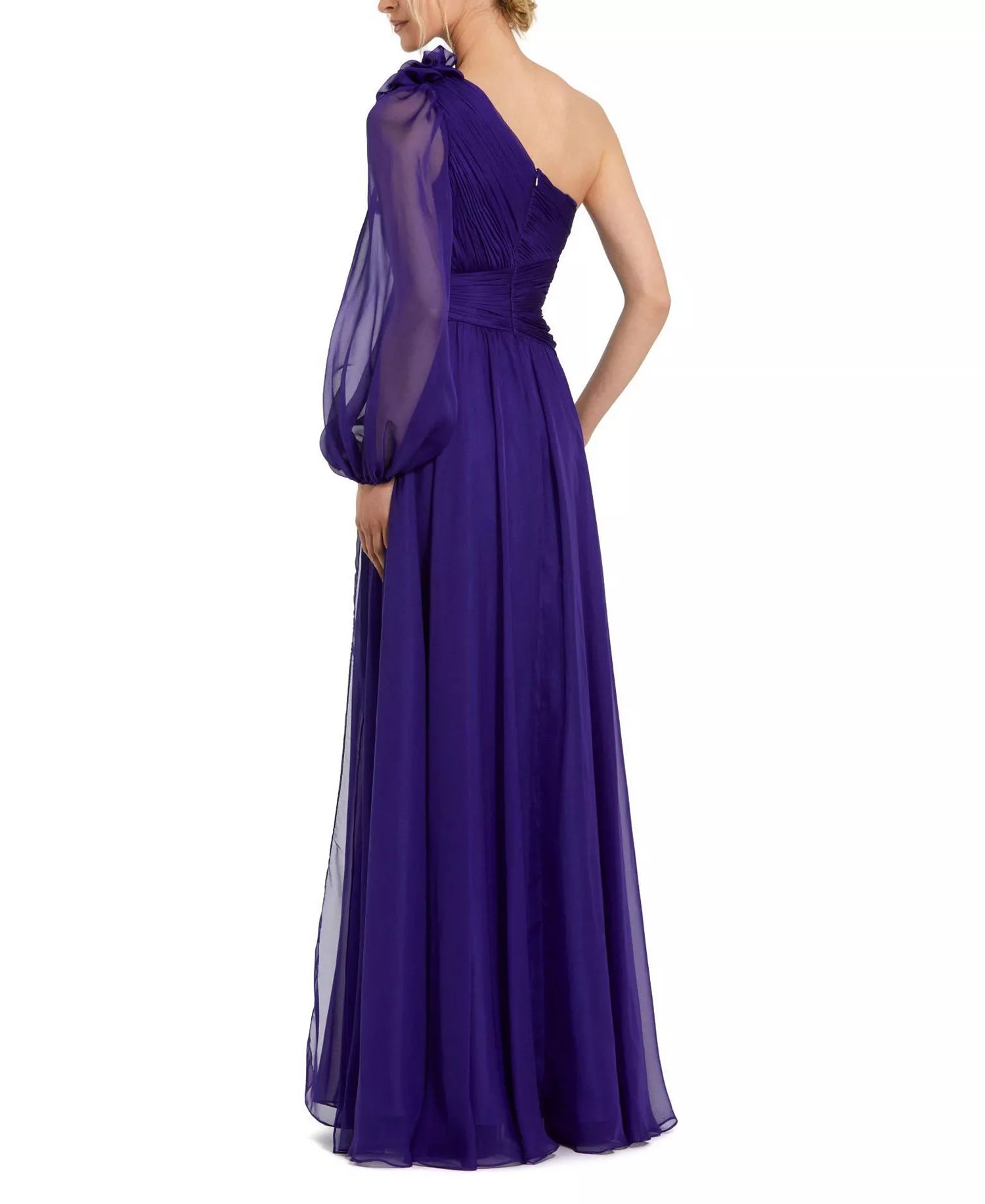 Romantic Flowy A-Line Silhouette One-Shoulder Chiffon Floral Applique Slit Maxi Evening Dress