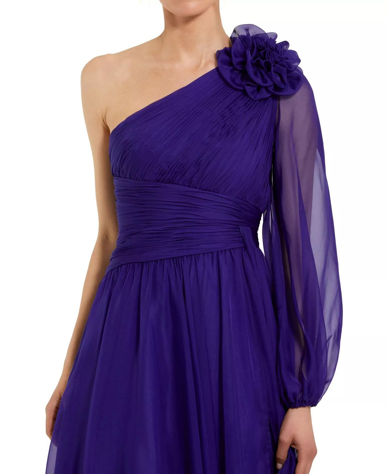Romantic Flowy A-Line Silhouette One-Shoulder Chiffon Floral Applique Slit Maxi Evening Dress