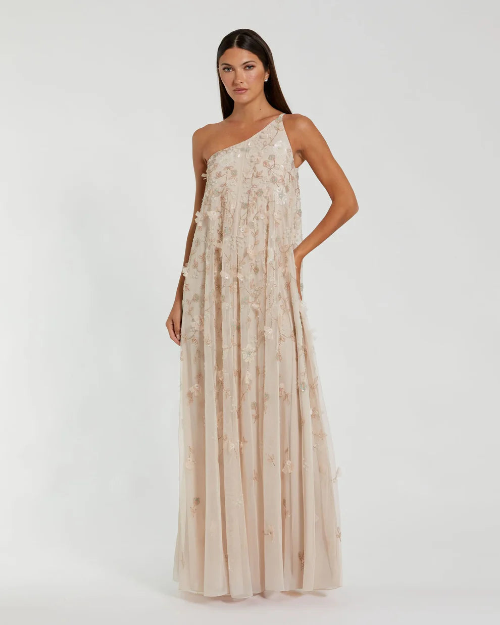 Romantic Flowy Trapeze Silhouette One-Shoulder 3D Floral Embellished Maxi Evening Dress