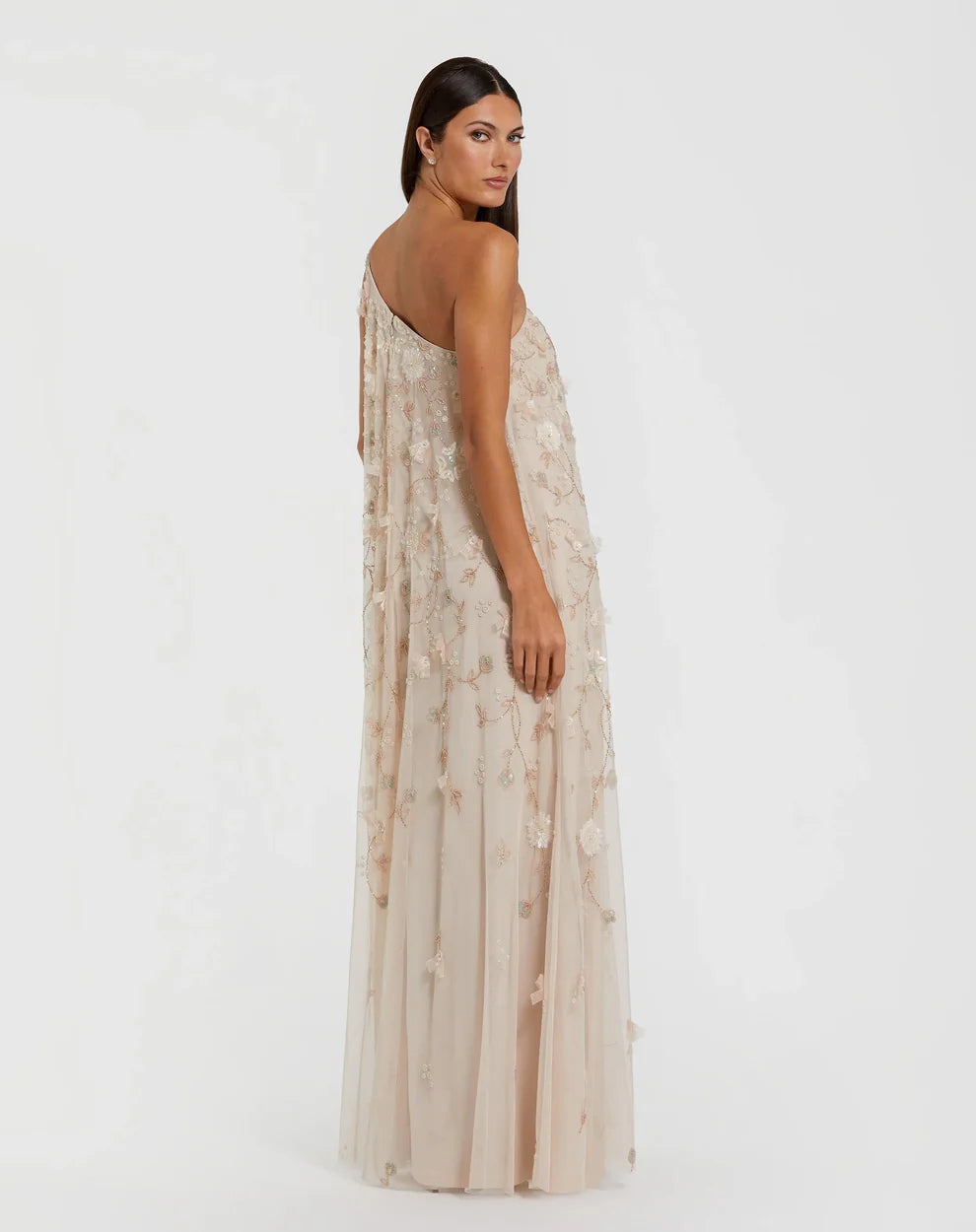 Romantic Flowy Trapeze Silhouette One-Shoulder 3D Floral Embellished Maxi Evening Dress