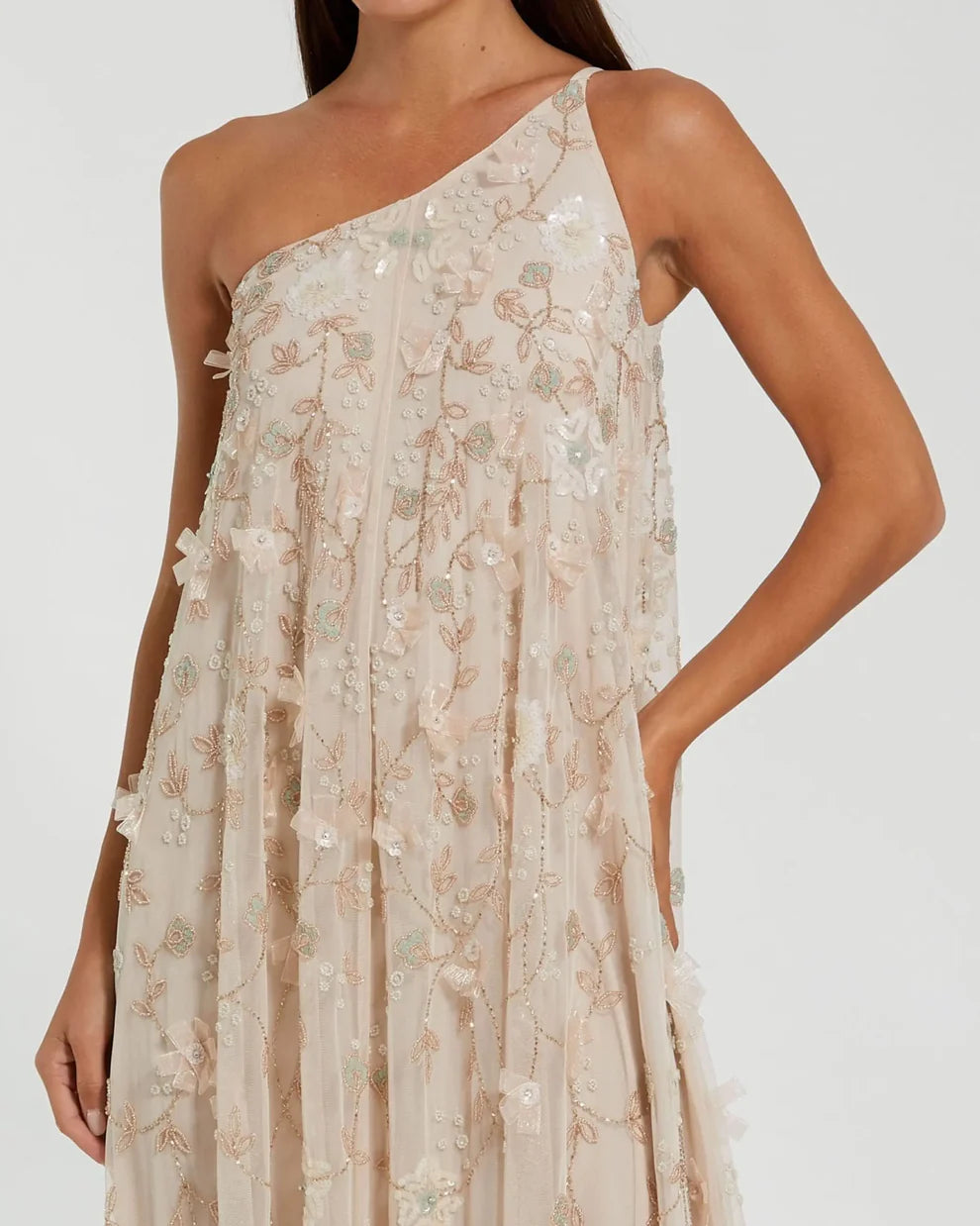 Romantic Flowy Trapeze Silhouette One-Shoulder 3D Floral Embellished Maxi Evening Dress