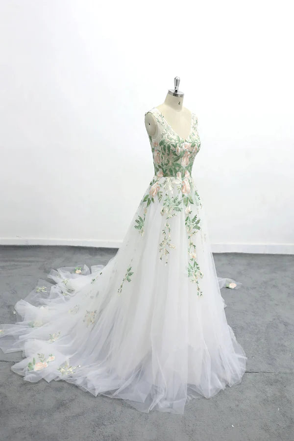Romantic Forest Fairy Wedding Dress Green Lace Long Wedding Dress