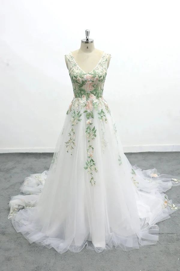 Romantic Forest Fairy Wedding Dress Green Lace Long Wedding Dress