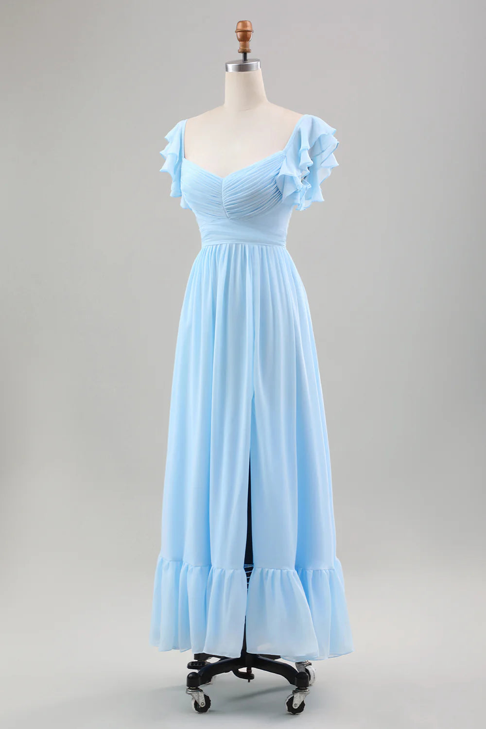 Romantic Fresh A-Line V Neck Ruffled Short Sleeve Ruched Waist Side Slit Ruffled Hem Ankle-Length Chiffon Evening Dress