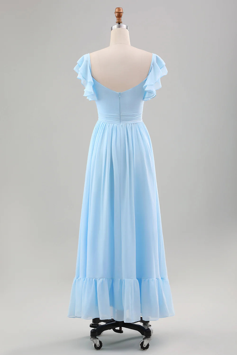 Romantic Fresh A-Line V Neck Ruffled Short Sleeve Ruched Waist Side Slit Ruffled Hem Ankle-Length Chiffon Evening Dress