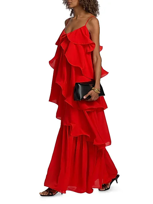 Romantic Glamorous Fitted A-Line Spaghetti Strap Floor-Length Tiered Ruffled Evening Dresses