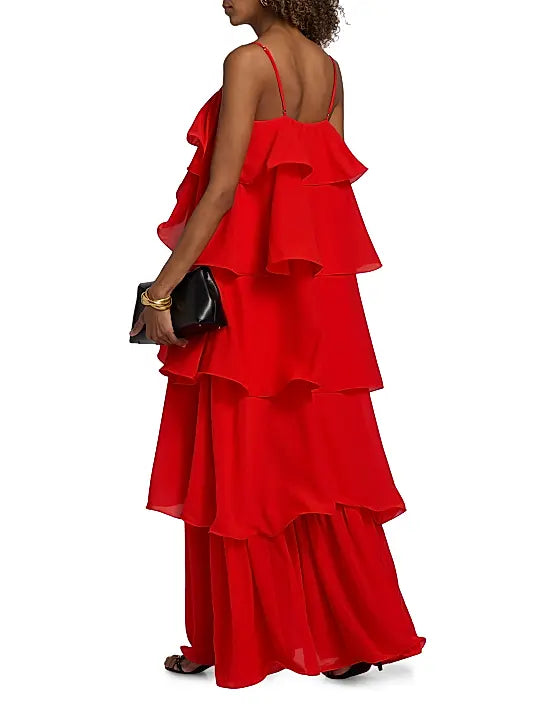 Romantic Glamorous Fitted A-Line Spaghetti Strap Floor-Length Tiered Ruffled Evening Dresses