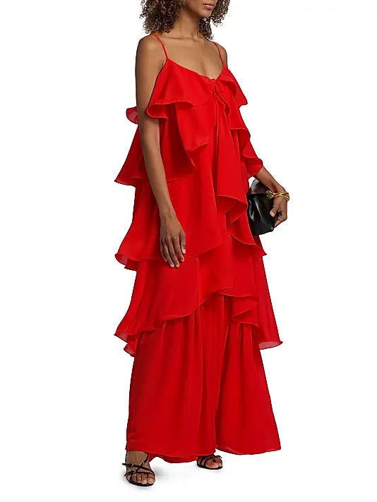 Romantic Glamorous Fitted A-Line Spaghetti Strap Floor-Length Tiered Ruffled Evening Dresses