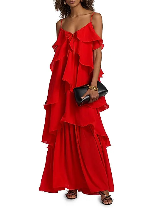 Romantic Glamorous Fitted A-Line Spaghetti Strap Floor-Length Tiered Ruffled Evening Dresses