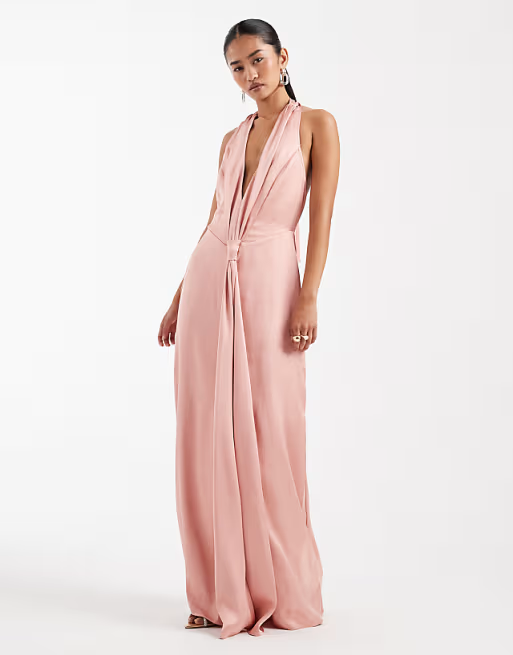 Romantic Halter-Neck Deep V Tied-Waist Floor-Length Satin Bridesmaid Dress