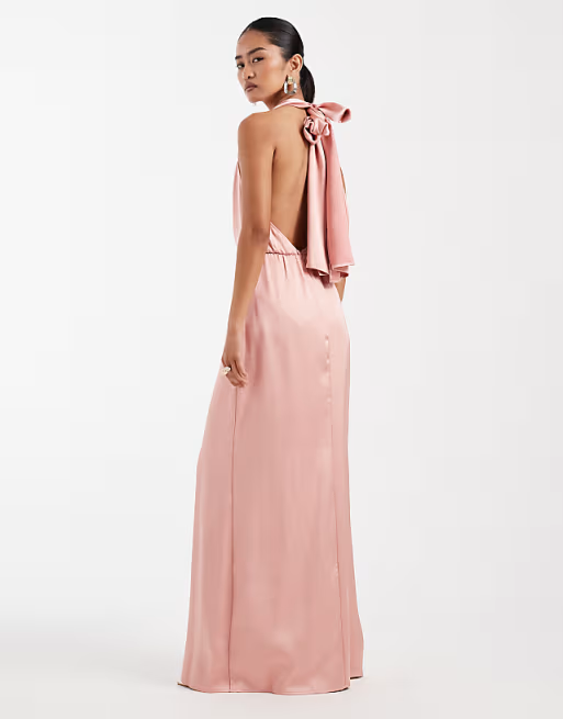 Romantic Halter-Neck Deep V Tied-Waist Floor-Length Satin Bridesmaid Dress