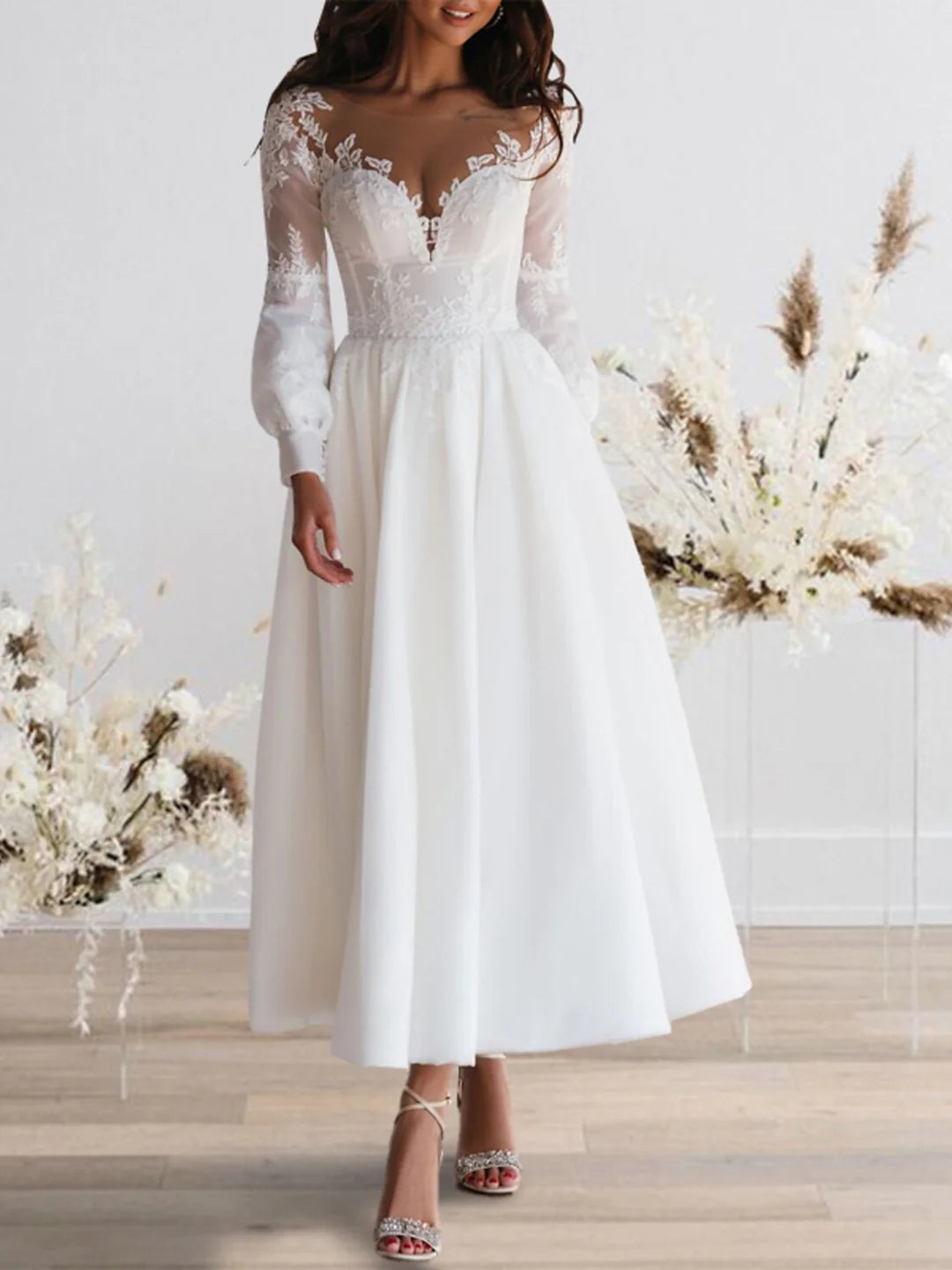 Romantic Ivory Lace V-Neck Long Sleeve Illusion Back A-Line Tea-Length Wedding Dress
