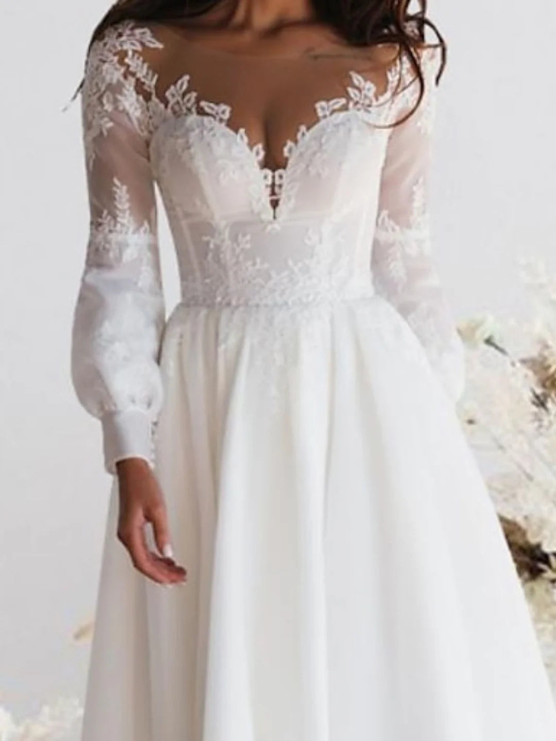 Romantic Ivory Lace V-Neck Long Sleeve Illusion Back A-Line Tea-Length Wedding Dress