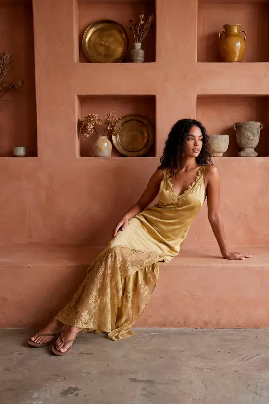 Romantic Lace-Trim V-Neck Bias-Cut Satin Slip Evening Gowns