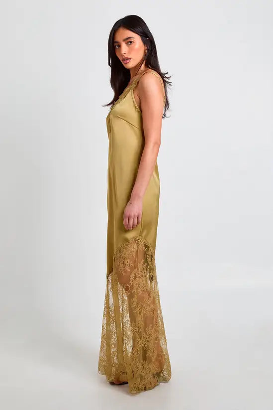 Romantic Lace-Trim V-Neck Bias-Cut Satin Slip Evening Gowns