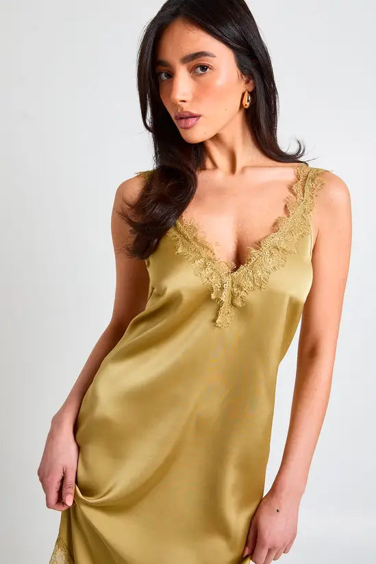 Romantic Lace-Trim V-Neck Bias-Cut Satin Slip Evening Gowns