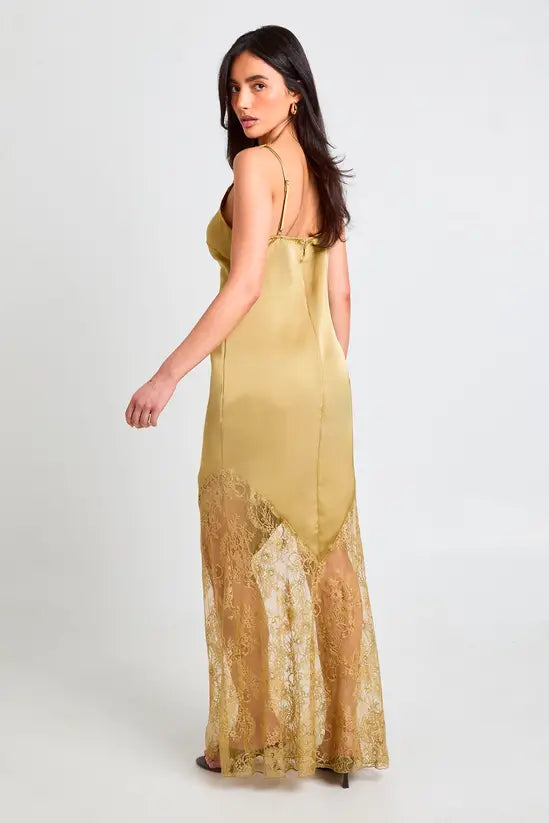 Romantic Lace-Trim V-Neck Bias-Cut Satin Slip Evening Gowns