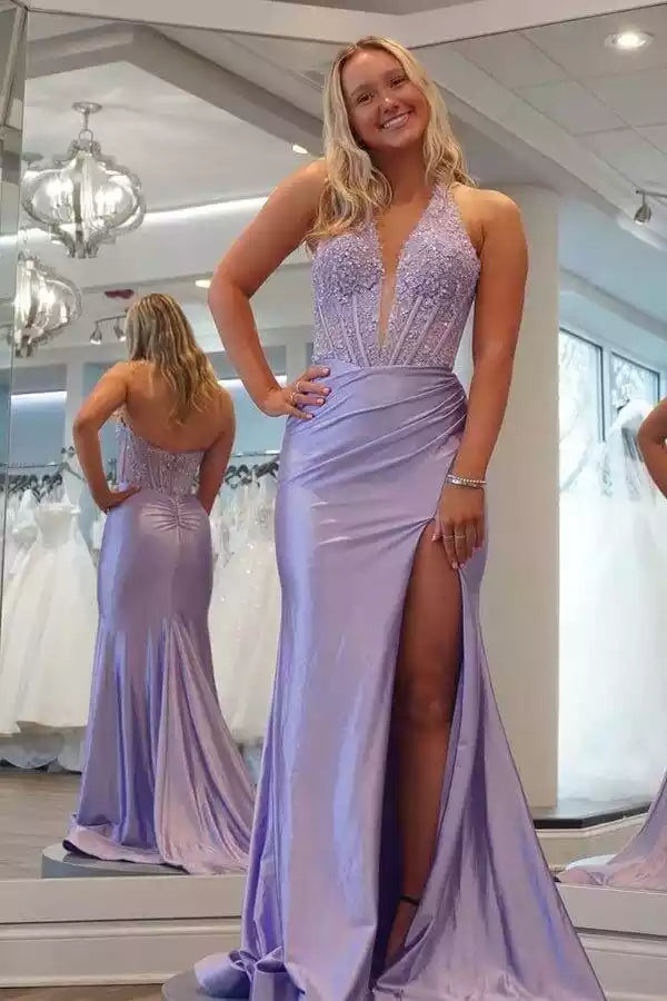 Romantic Lavender Satin Mermaid Gown with Halter Lace Bodice & High Slit