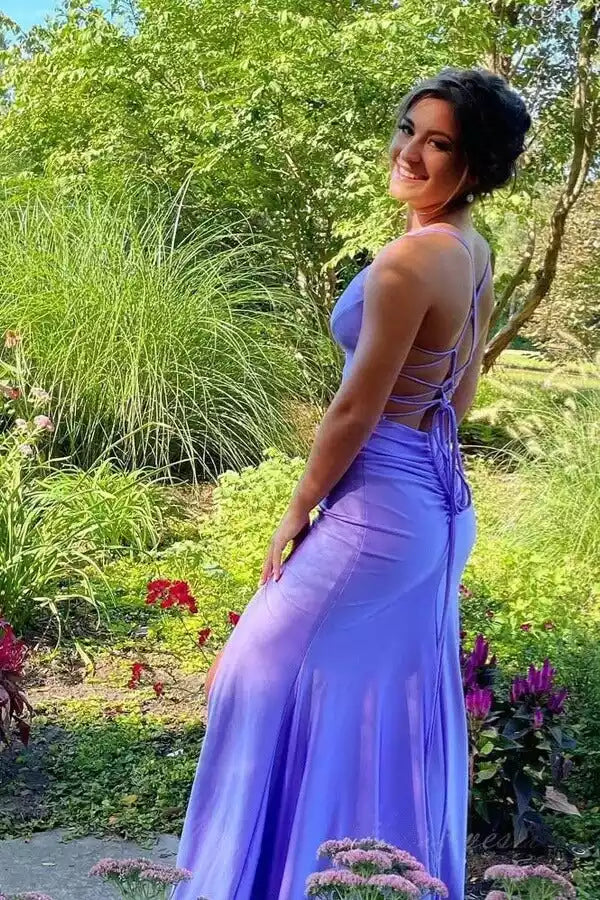 Romantic Lavender Satin Mermaid Gown with Plunge V-Neck & Lace-Up Back