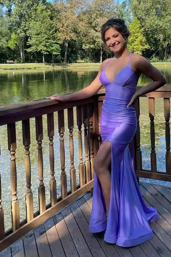 Romantic Lavender Satin Mermaid Gown with Plunge V-Neck & Lace-Up Back
