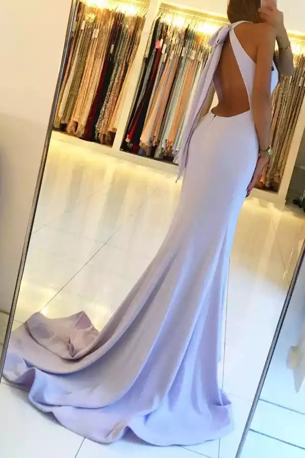 Romantic Lilac Satin Mermaid Gown with Halter Keyhole Neck & Bow Back