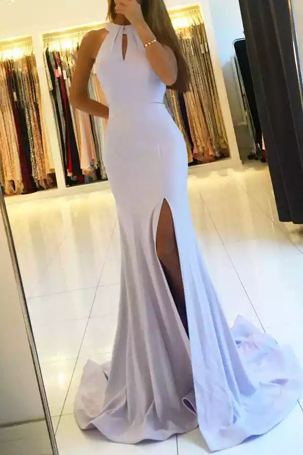 Romantic Lilac Satin Mermaid Gown with Halter Keyhole Neck & Bow Back