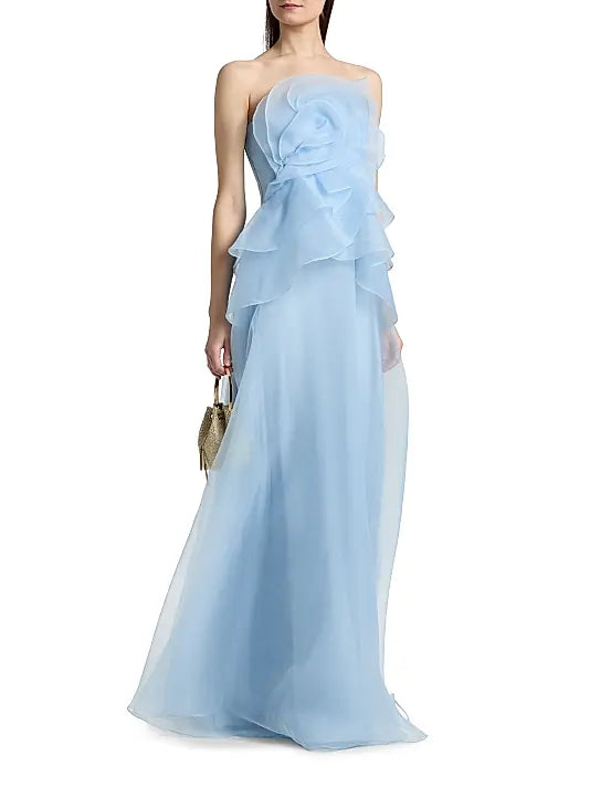Romantic Luxury Fitted A-Line Strapless Back Zipper Floor-Length 3D Flower Evening Dresses