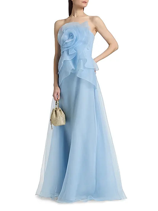 Romantic Luxury Fitted A-Line Strapless Back Zipper Floor-Length 3D Flower Evening Dresses
