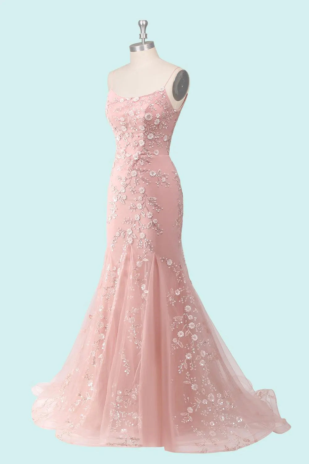 Romantic Mermaid Evening Dress with Floral Embroidery and Lace-Up Back