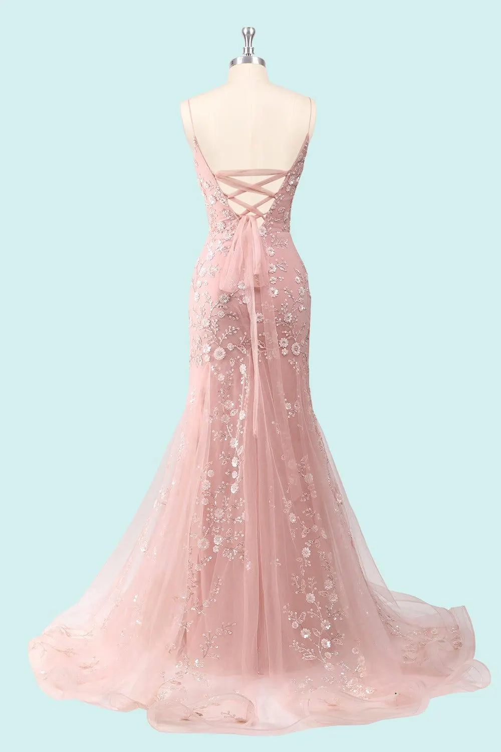 Romantic Mermaid Evening Dress with Floral Embroidery and Lace-Up Back