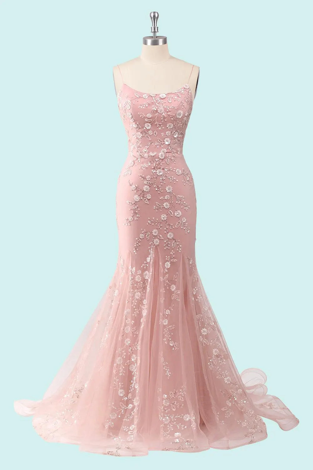 Romantic Mermaid Evening Dress with Floral Embroidery and Lace-Up Back