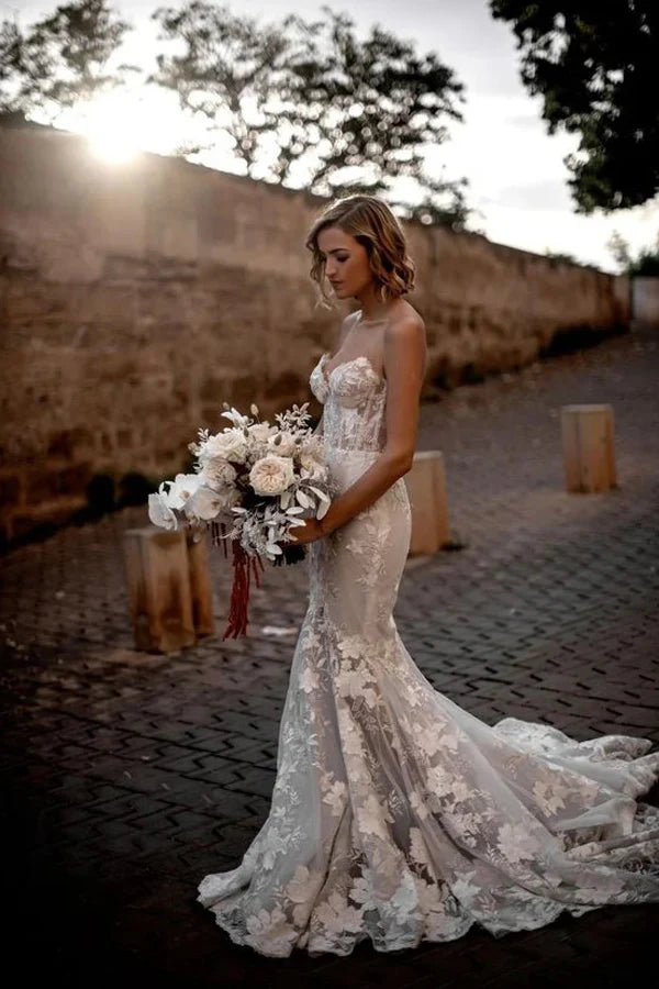 Romantic Mermaid Sweetheart Lace Boho Wedding Dress