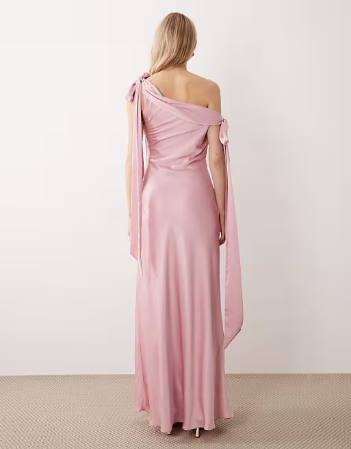 Romantic Off-Shoulder Bow-Strap Floor-Length Satin Bridesmaid Dress