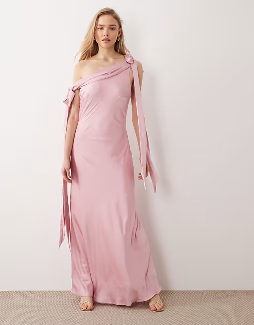 Romantic Off-Shoulder Bow-Strap Floor-Length Satin Bridesmaid Dress