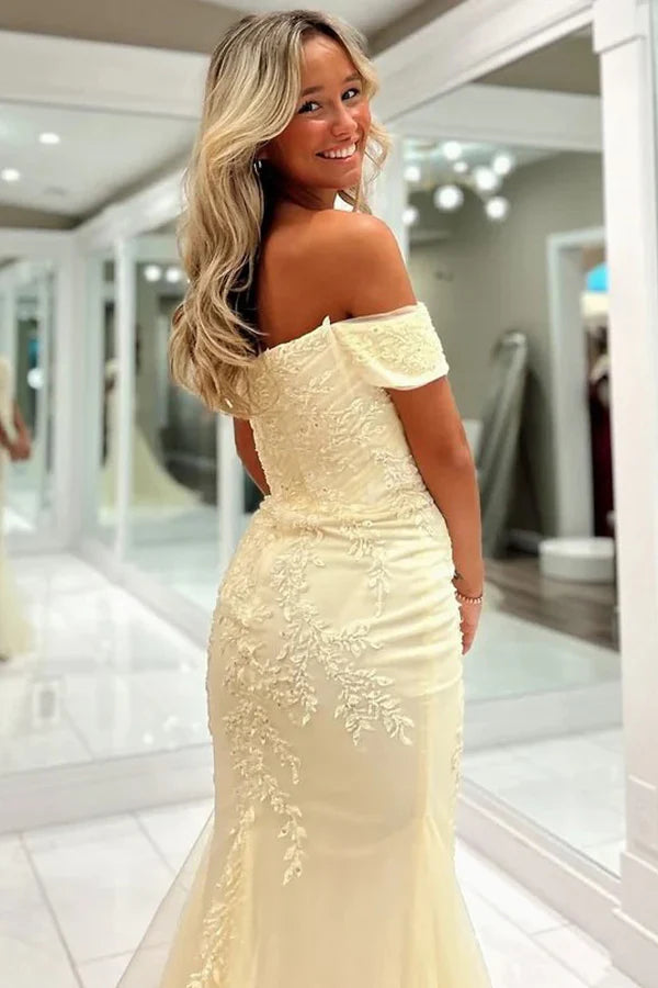 Romantic Off-Shoulder Lace Mermaid High-Slit Floor-Length Prom Dress