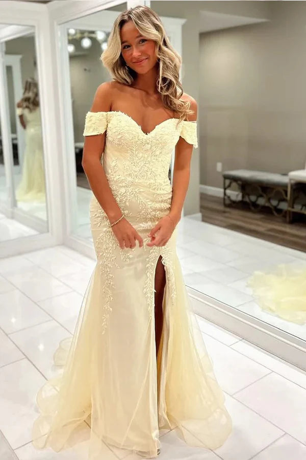 Romantic Off-Shoulder Lace Mermaid High-Slit Floor-Length Prom Dress