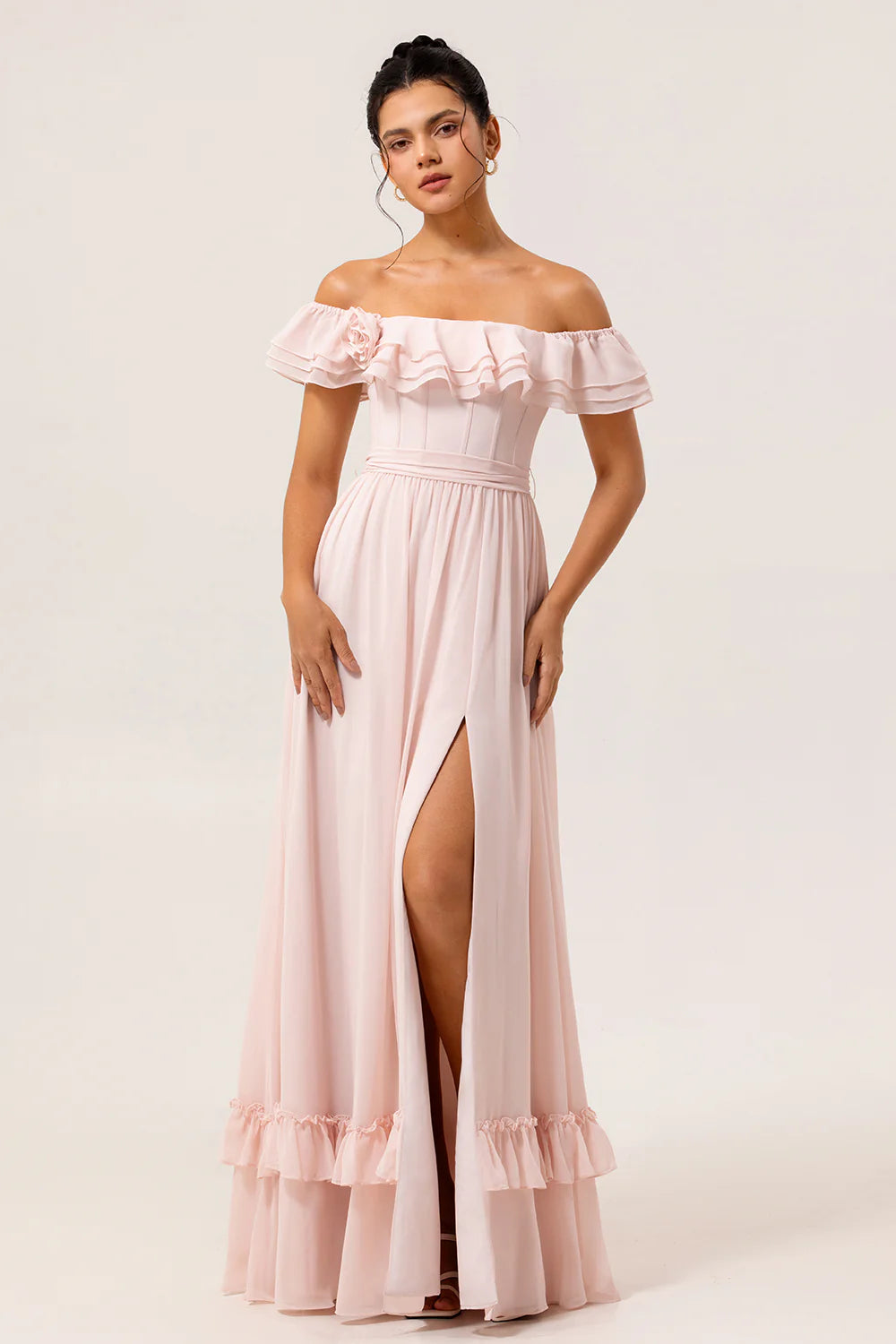 Romantic Off-the-Shoulder Evening Dress with Corset Bodice and Ruffle Trim Maxi Skirt
